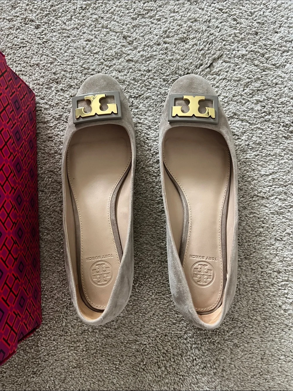 Tory Burch Taupe Suede Flats with Gold Logo
